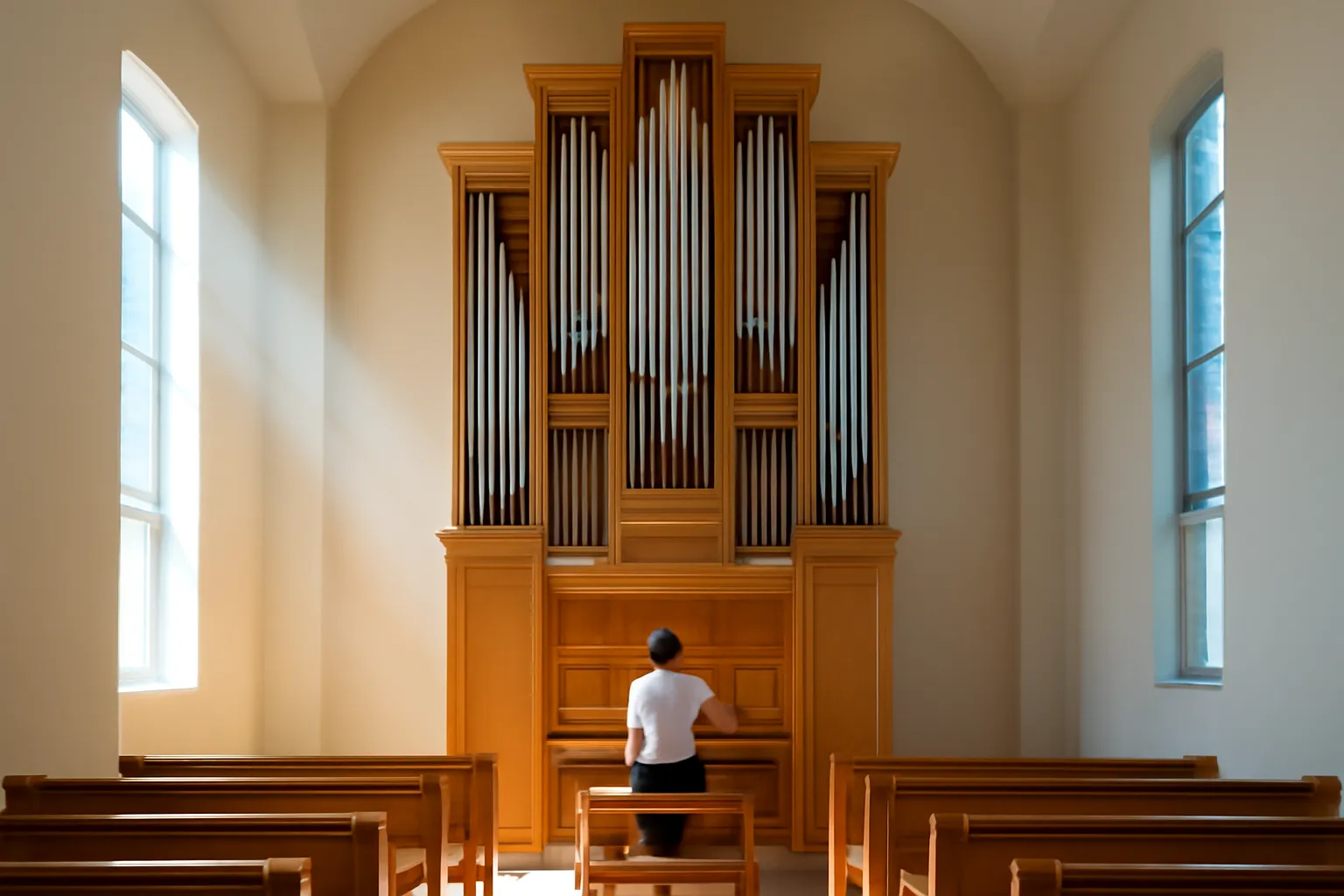 Nhà thờ có đàn organ ống cao, người chơi nhỏ bé phía dưới, nắng qua kính