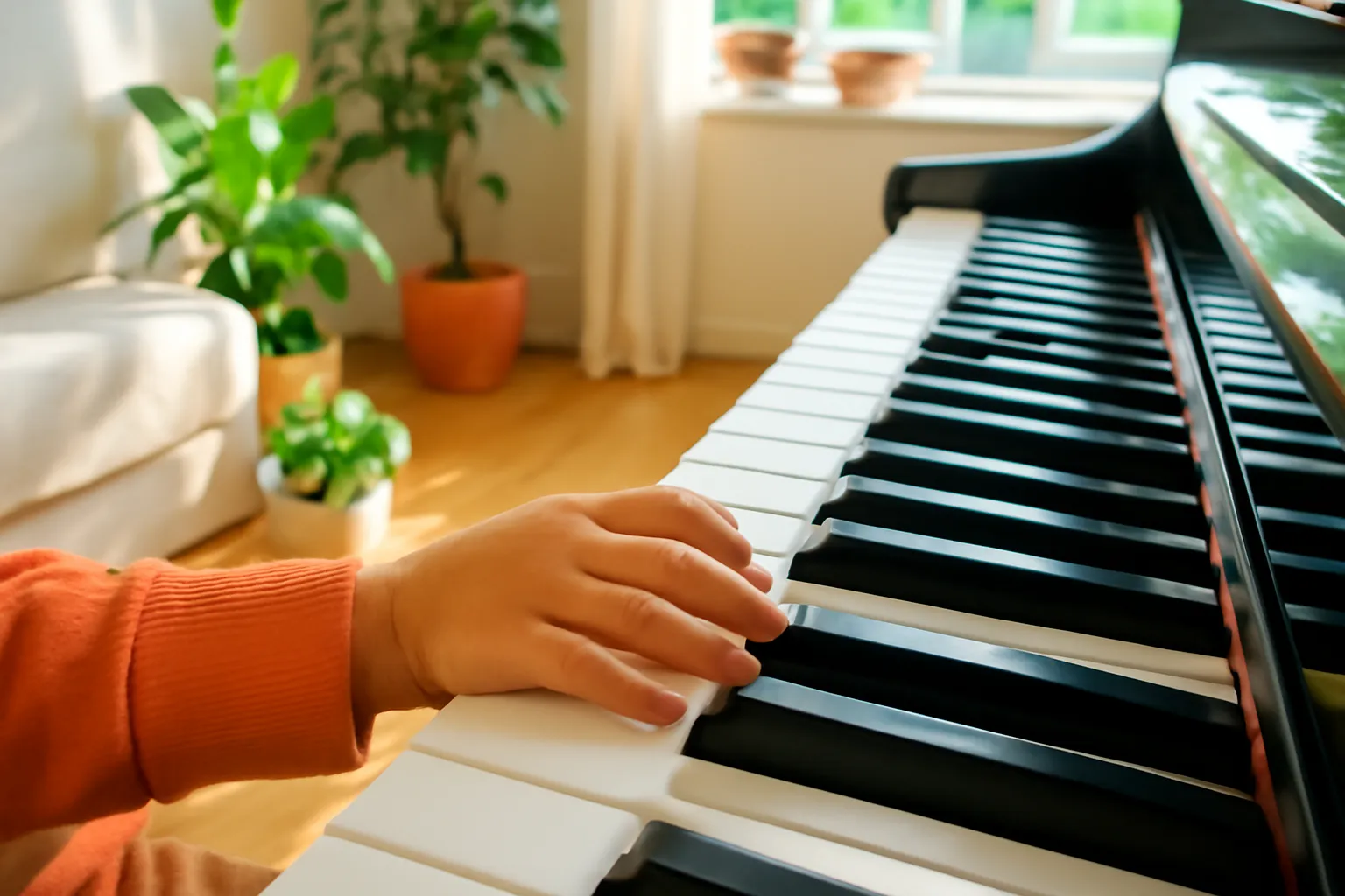 Bàn tay em bé đặt lên phím đàn piano trắng đen trong phòng khách sáng