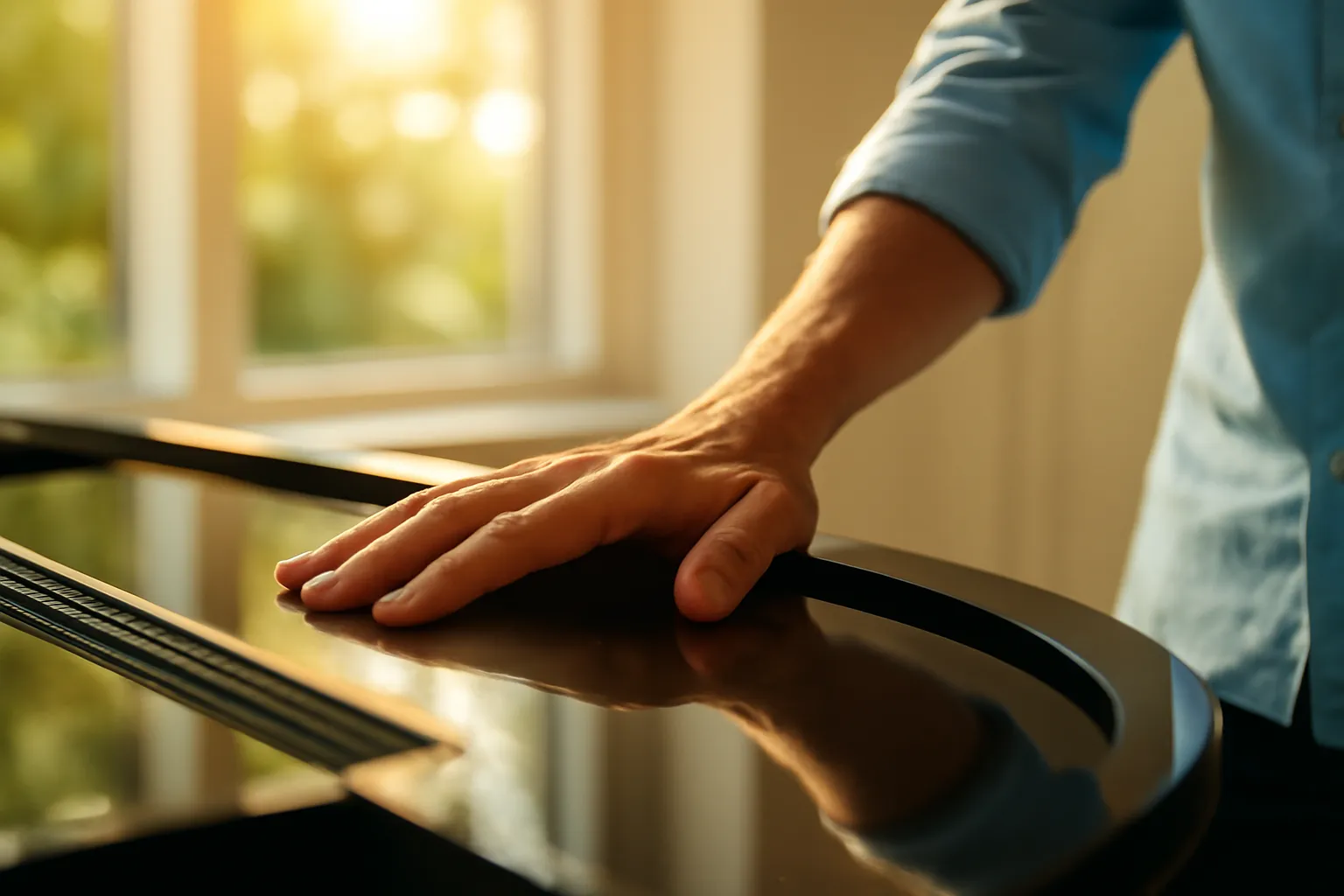 Bàn tay người đàn ông áp lên nắp đàn piano cảm nhận rung động