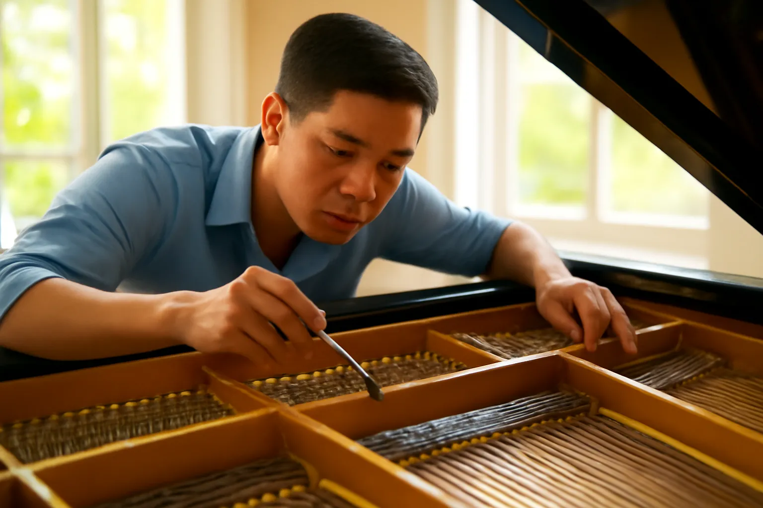 Thợ lên dây cúi vào nắp đàn piano cánh mở, thấy dãy búa nỉ