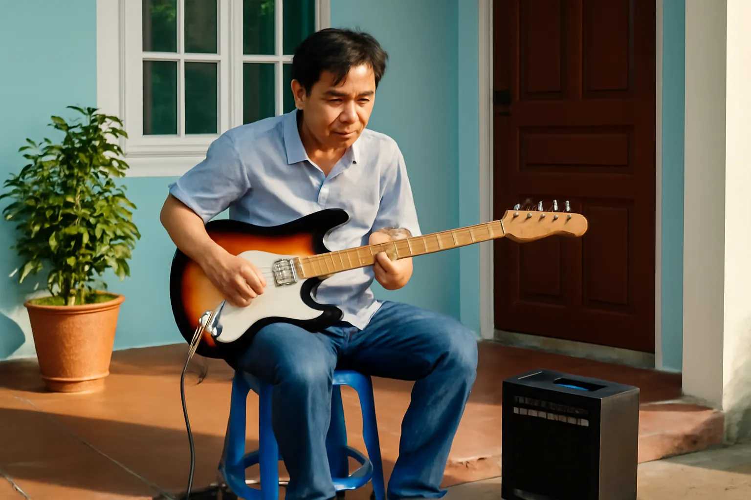 Ông chú ngồi ghế nhựa đàn guitar điện cắm amply nhỏ trước hiên nhà