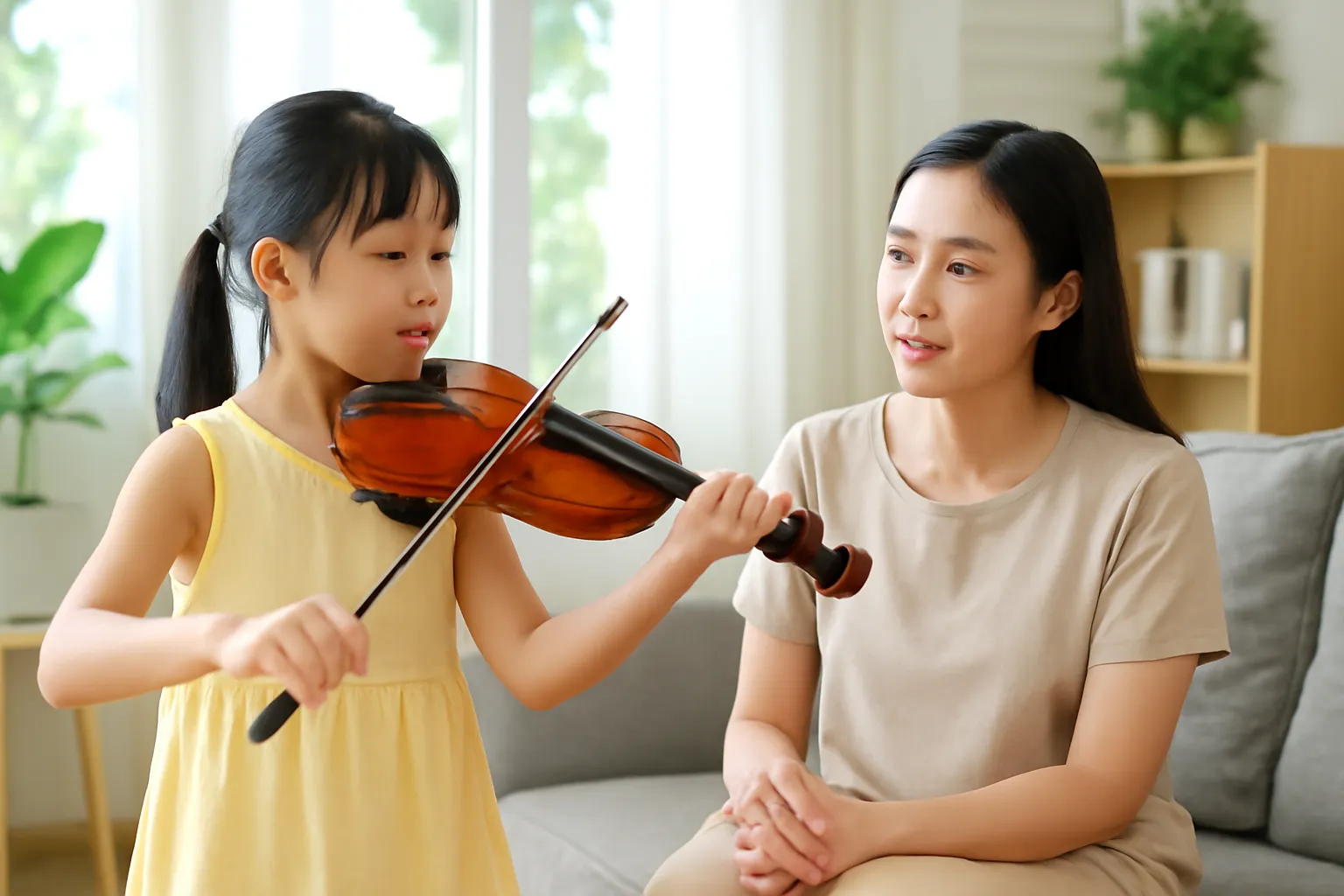 Mẹ ngồi trên sofa lắng nghe con gái kéo đàn violin giữa phòng khách