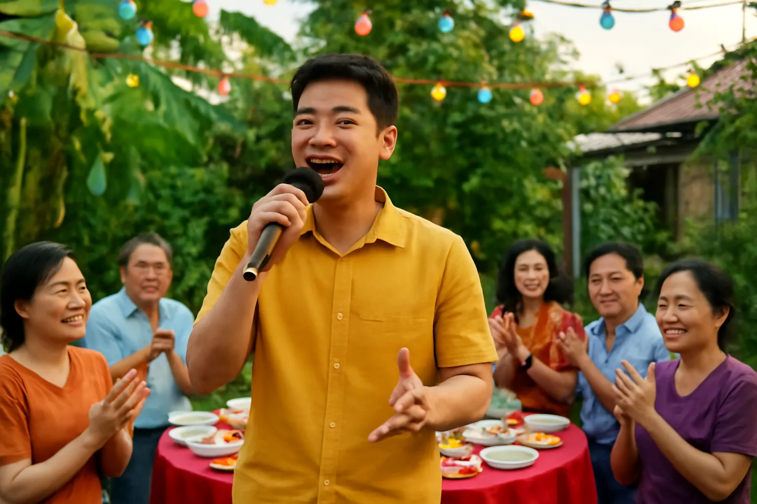 Đám tiệc sân nhà miền Tây, người đàn ông hát cầm micro dưới dây đèn màu