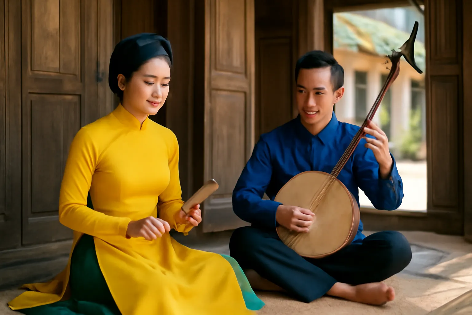 Đào nương gõ phách ngồi chiếu, kép đàn đáy bên cạnh trong nhà cổ