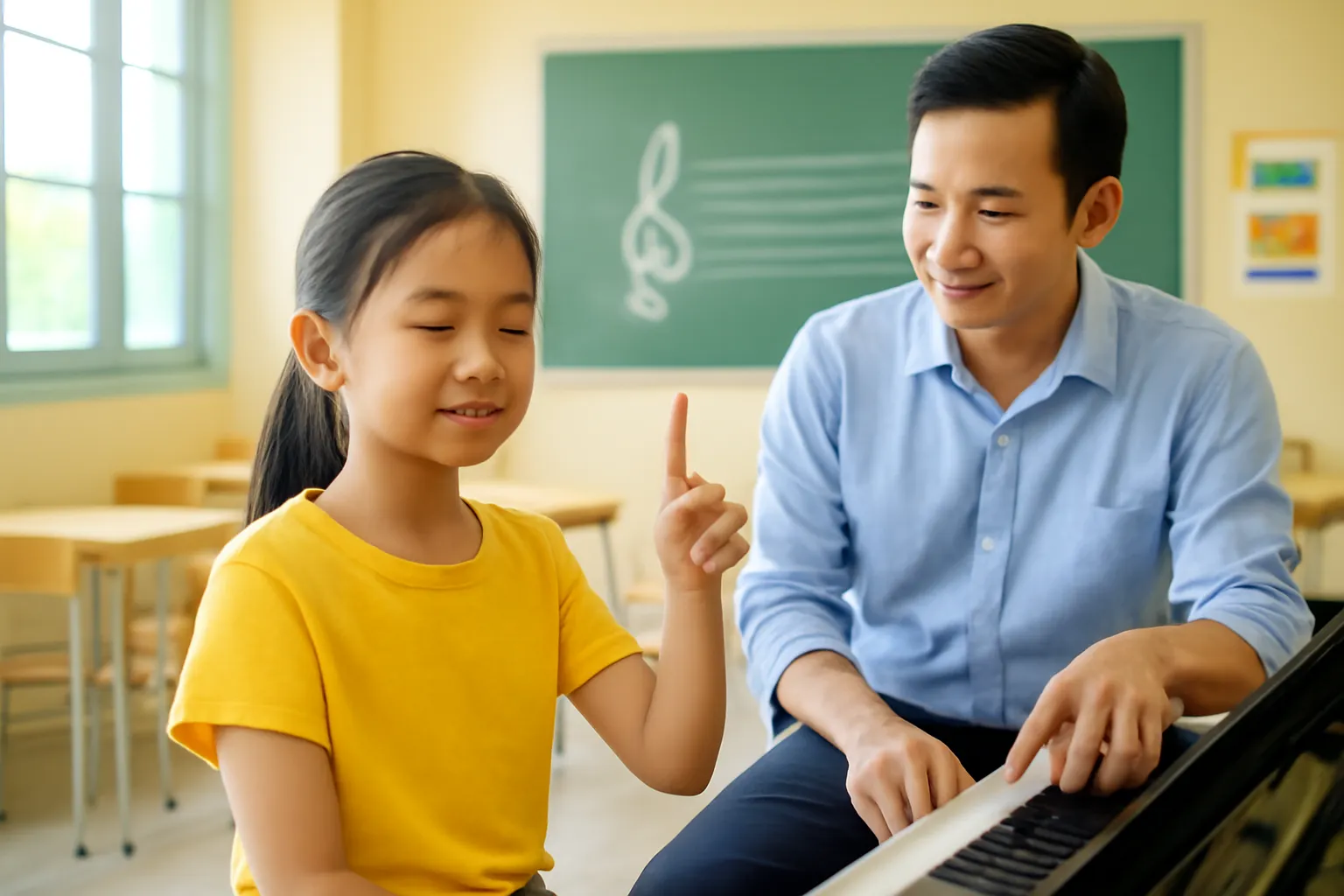 Cô bé nhắm mắt chỉ tay khi thầy giáo bấm một phím đàn