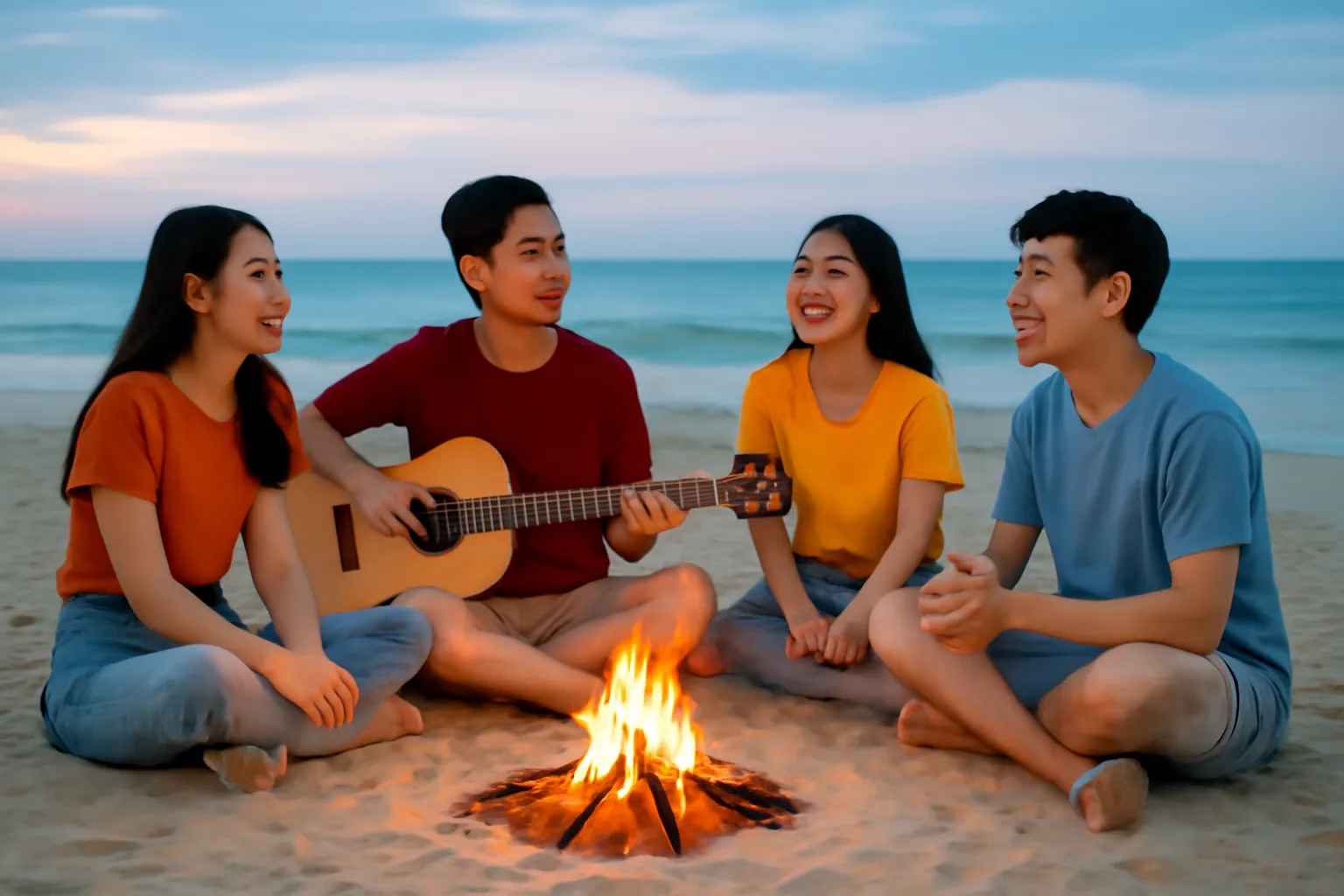 Nhóm bạn hát quanh đống lửa trại trên bãi biển, một người ôm guitar