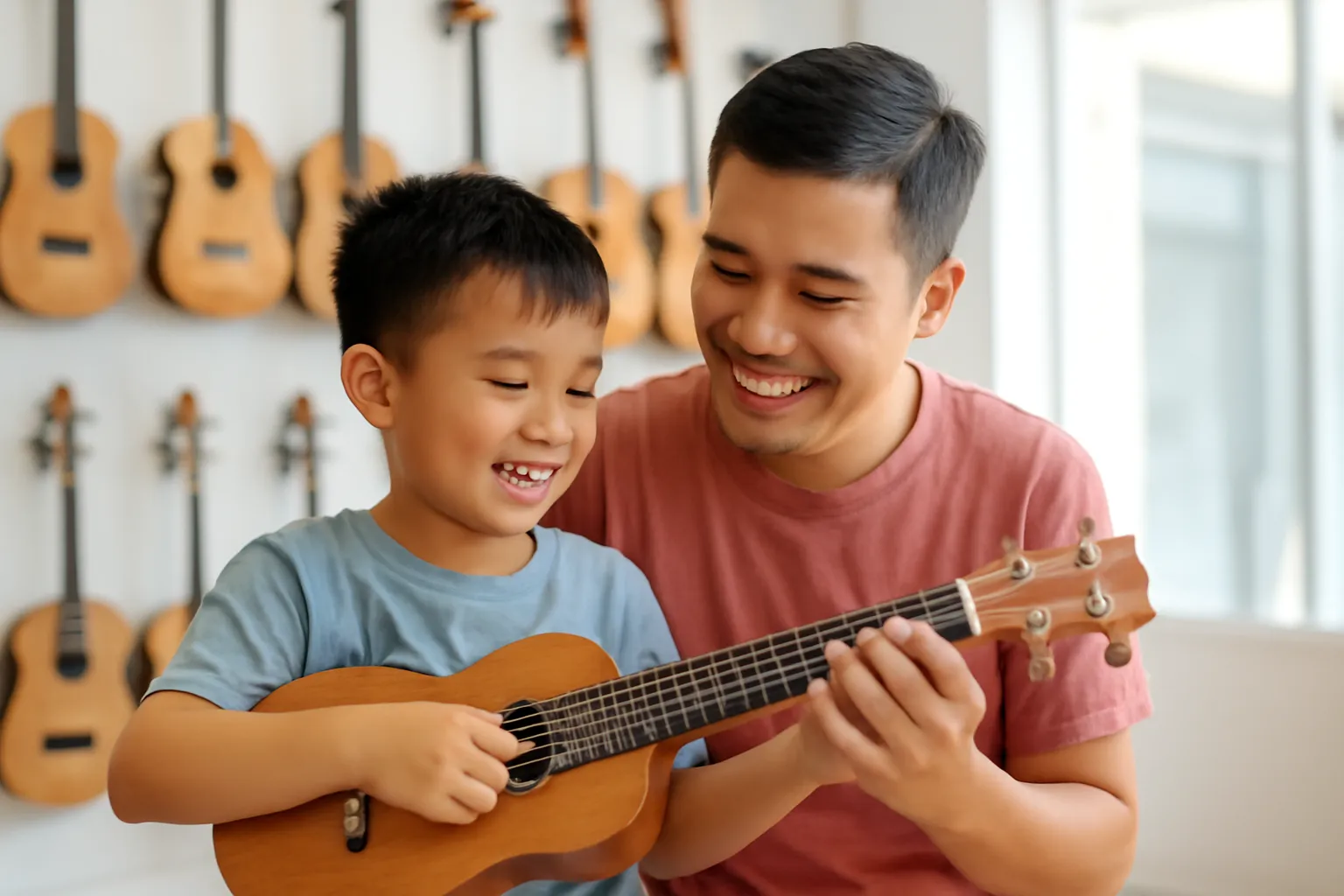 Bố và con trai thử đàn ukulele trong cửa hàng nhạc cụ