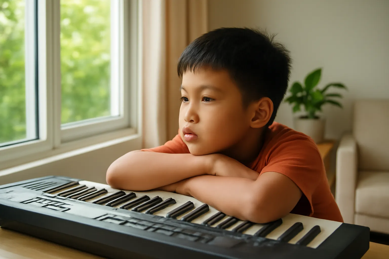 Cậu bé tựa cằm lên đàn organ nhìn ra cửa sổ buổi chiều