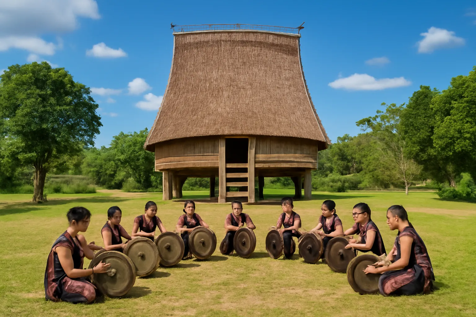 Hàng người đánh cồng chiêng xếp vòng tròn trước nhà rông ngày nắng