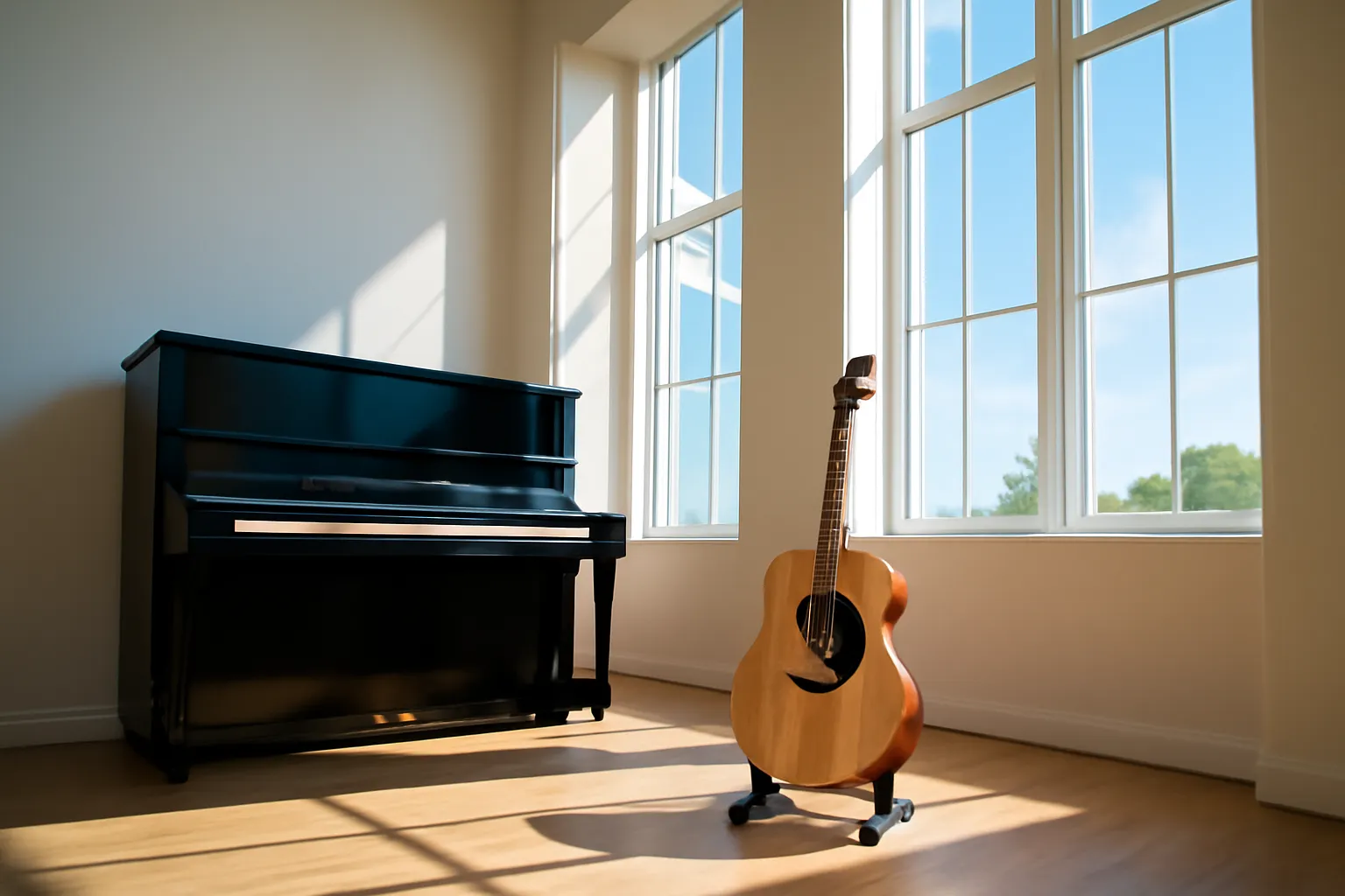Đàn piano đứng và cây guitar dựng cạnh nhau trong phòng tập trần cao
