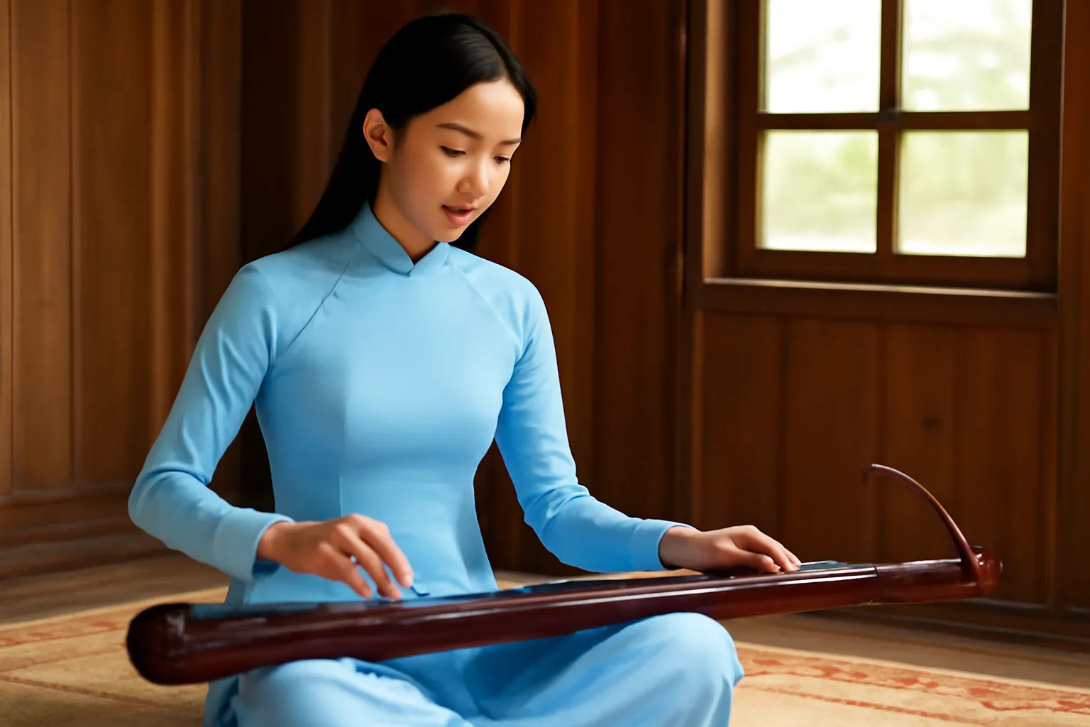 Cô gái áo dài lam gảy đàn bầu ngồi trên chiếu hoa trong nhà gỗ