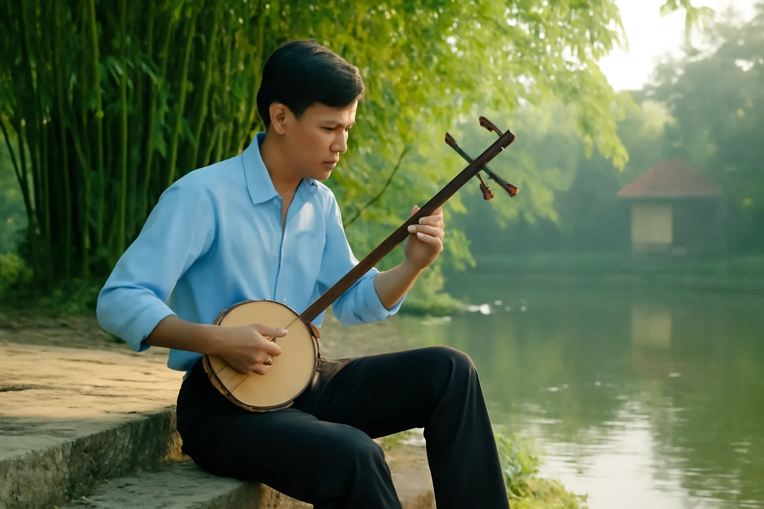 Thanh niên kéo đàn nhị bên bờ ao làng có tre xanh