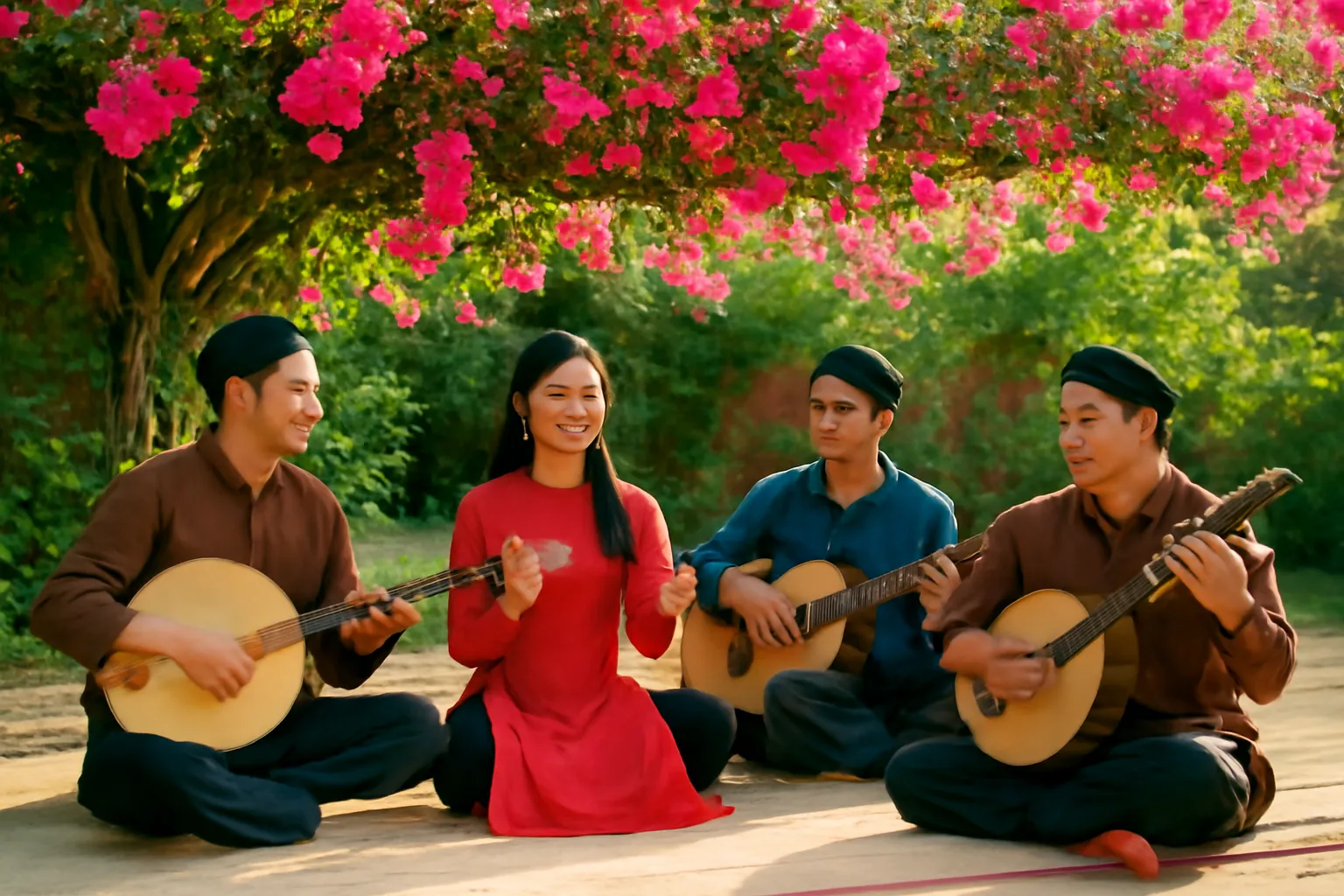 Nhóm người ngồi chiếu dưới giàn bông giấy đờn kìm và guitar phím lõm