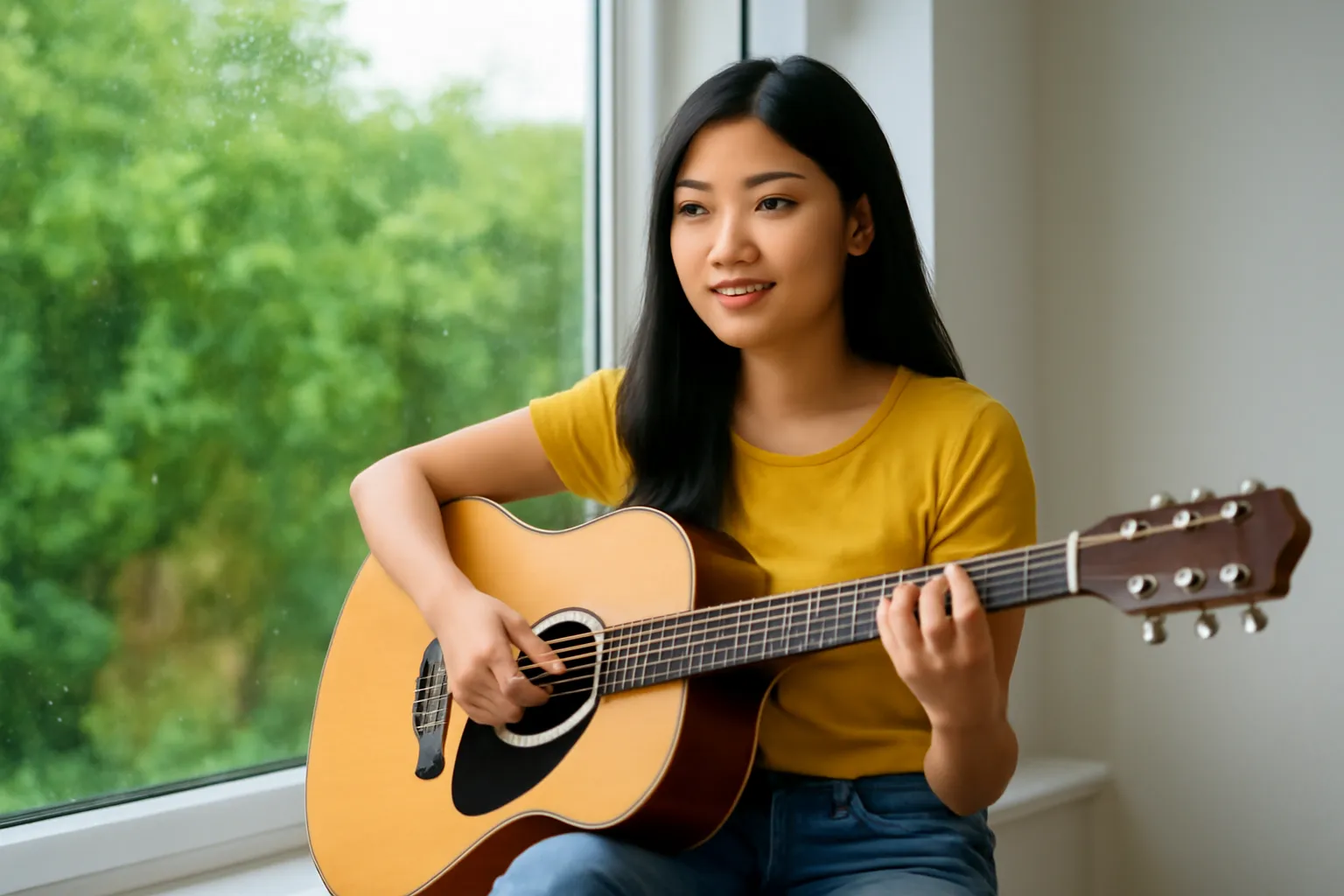 Cô gái ngồi bậu cửa sổ ôm đàn guitar gỗ, mưa nhẹ ngoài ô kính