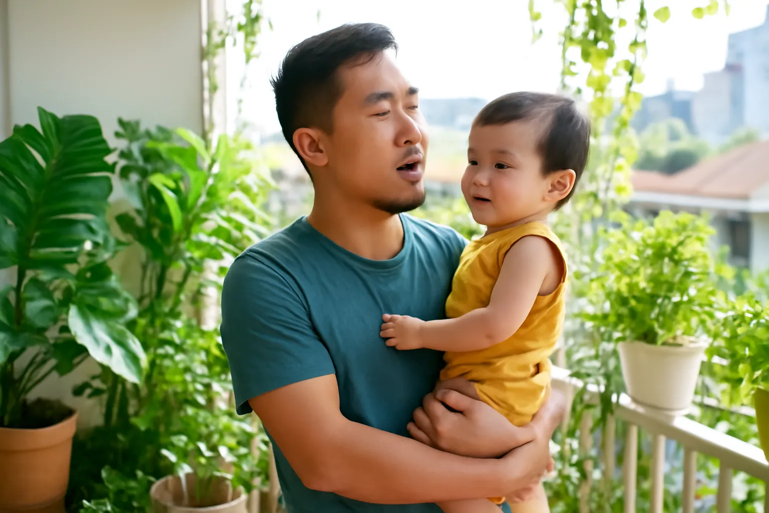 Bố bế con nhỏ vừa hát vừa đung đưa trên ban công đầy cây xanh