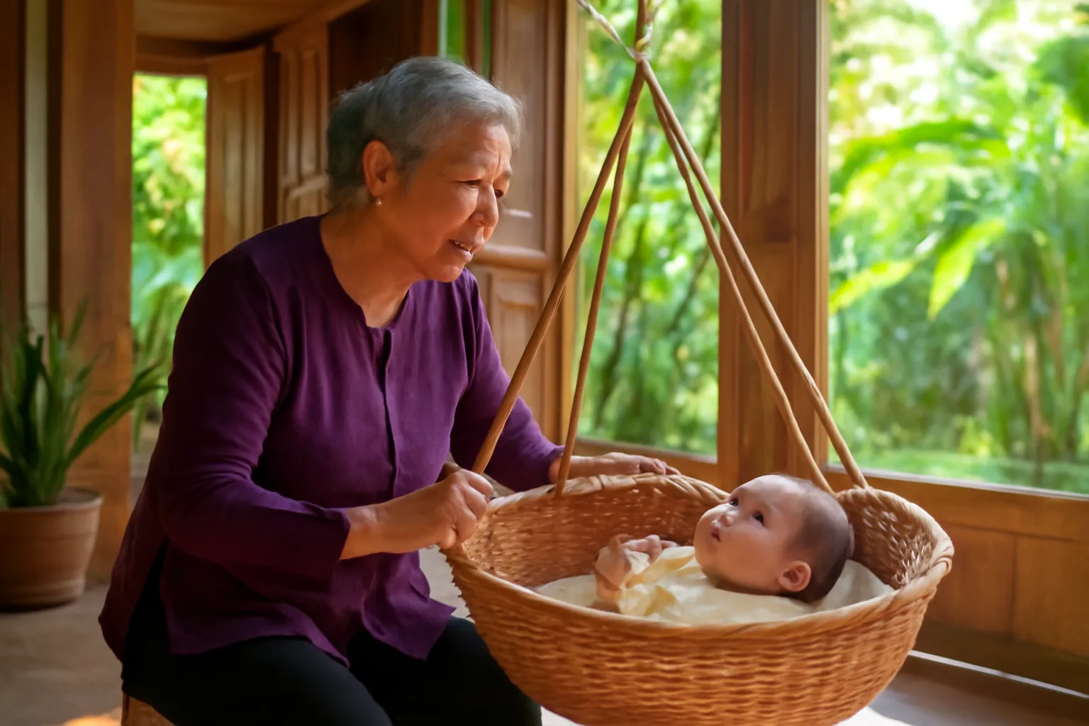 Bà ngồi đưa nôi mây ru cháu trong nhà vườn miền Tây
