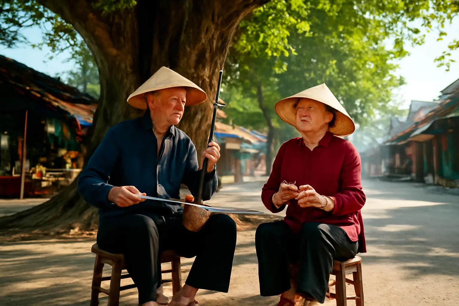Ông xẩm kéo đàn nhị, bà gõ phách ngồi dưới gốc đa đầu chợ
