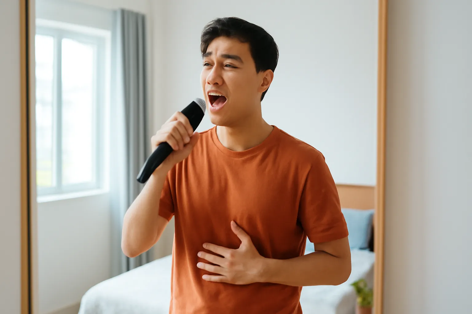 Chàng trai đứng hát trước gương phòng ngủ, tay đặt lên bụng