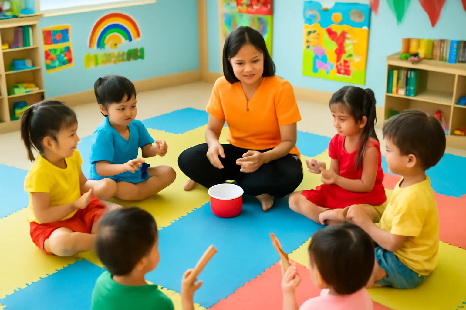 Nhóm trẻ mầm non ngồi vòng tròn gõ trống lắc và phách tre
