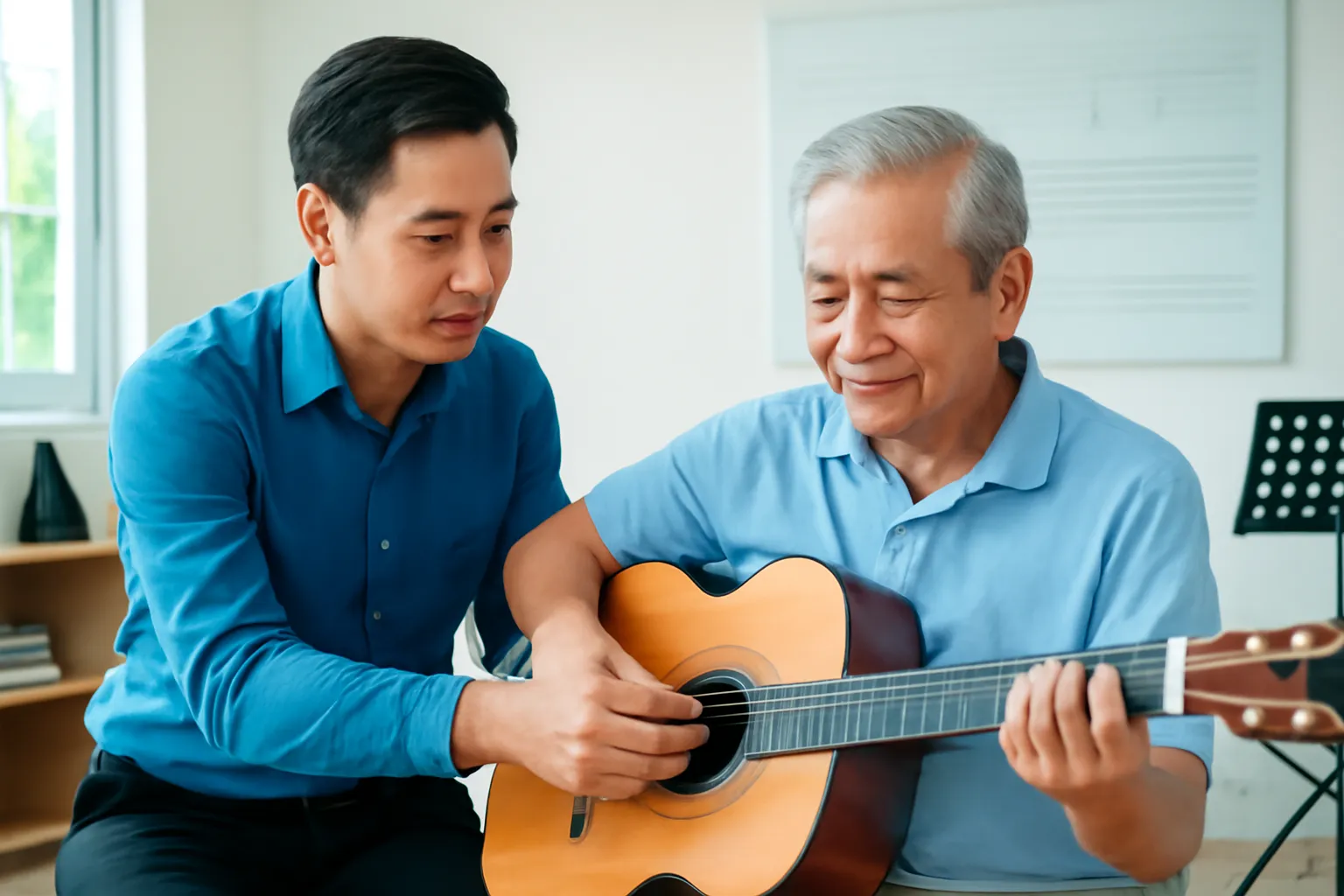 Thầy giáo chỉnh cổ tay cho học trò lớn tuổi đang cầm đàn guitar