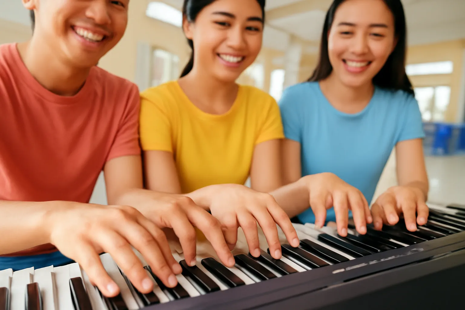 Ba bàn tay của ba người cùng bấm phím đàn organ trong nhà văn hoá