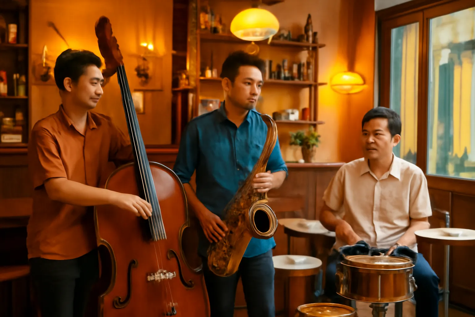 Ba nhạc công chơi contrabass, saxophone và trống trong quán nhỏ phố cổ