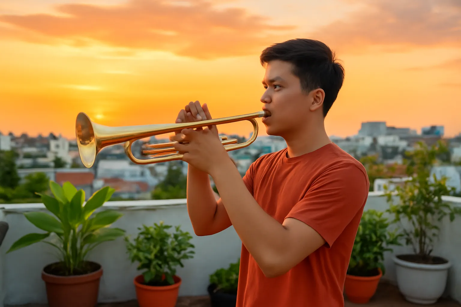 Chàng trai thổi kèn trumpet đồng trên sân thượng lúc hoàng hôn