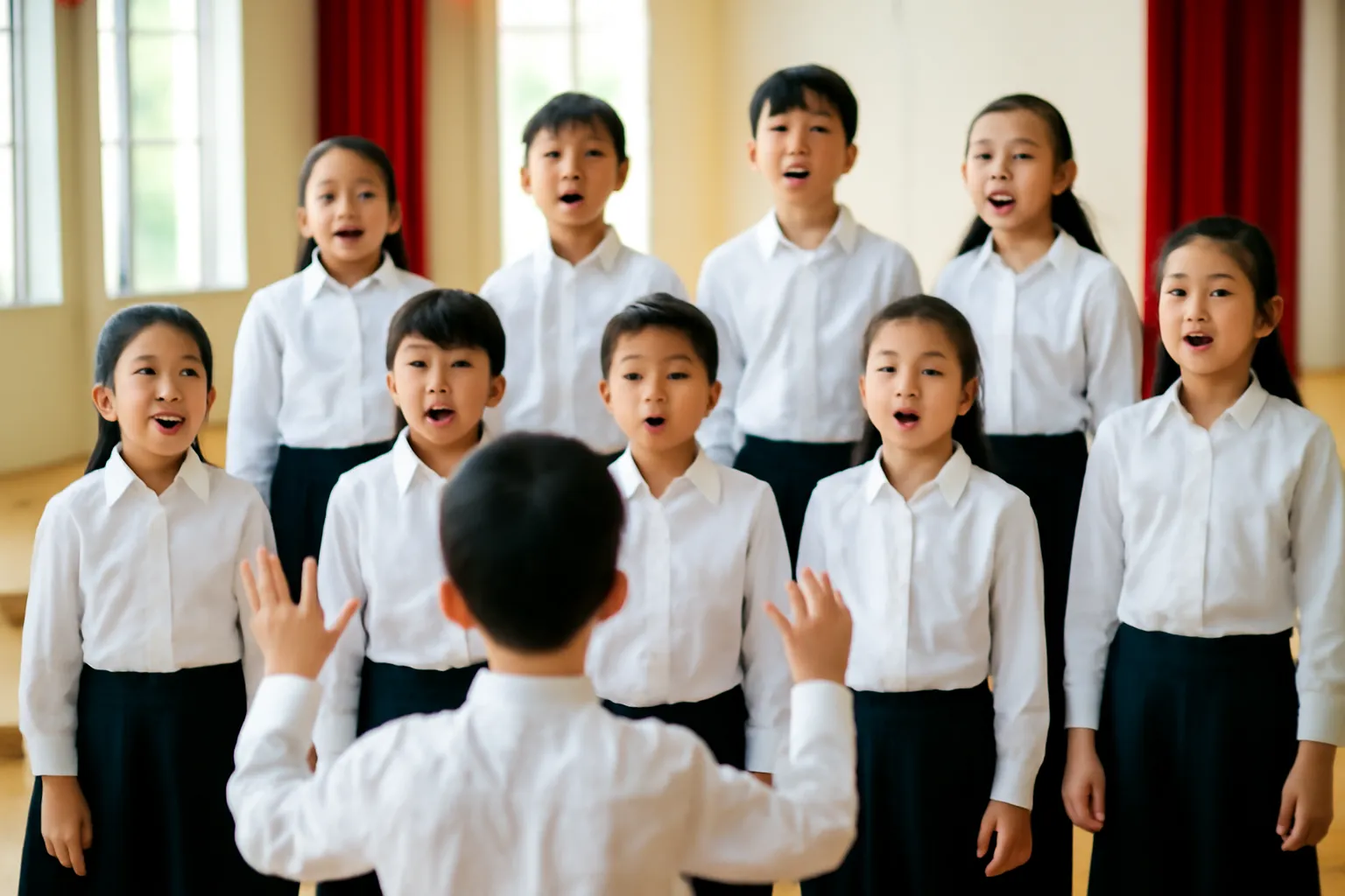Dàn hợp xướng thiếu nhi áo trắng hát trong hội trường sáng