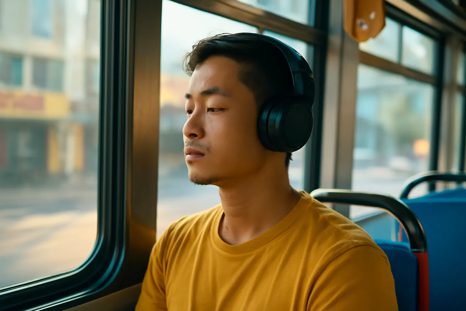 Người đàn ông nhắm mắt nghe tai nghe chụp trên xe buýt buổi sáng