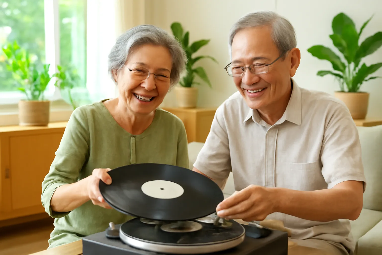 Cặp vợ chồng già đặt đĩa than lên máy quay đĩa trong phòng khách