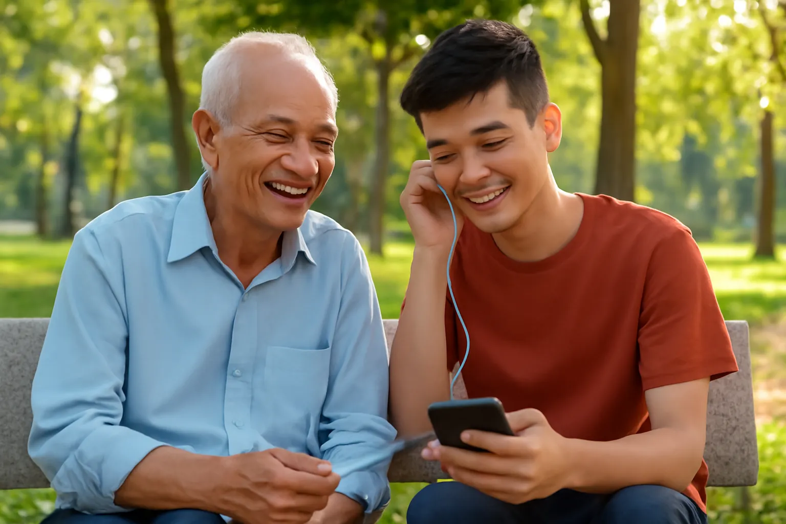 Ông và cháu chia đôi tai nghe trên ghế đá công viên buổi chiều