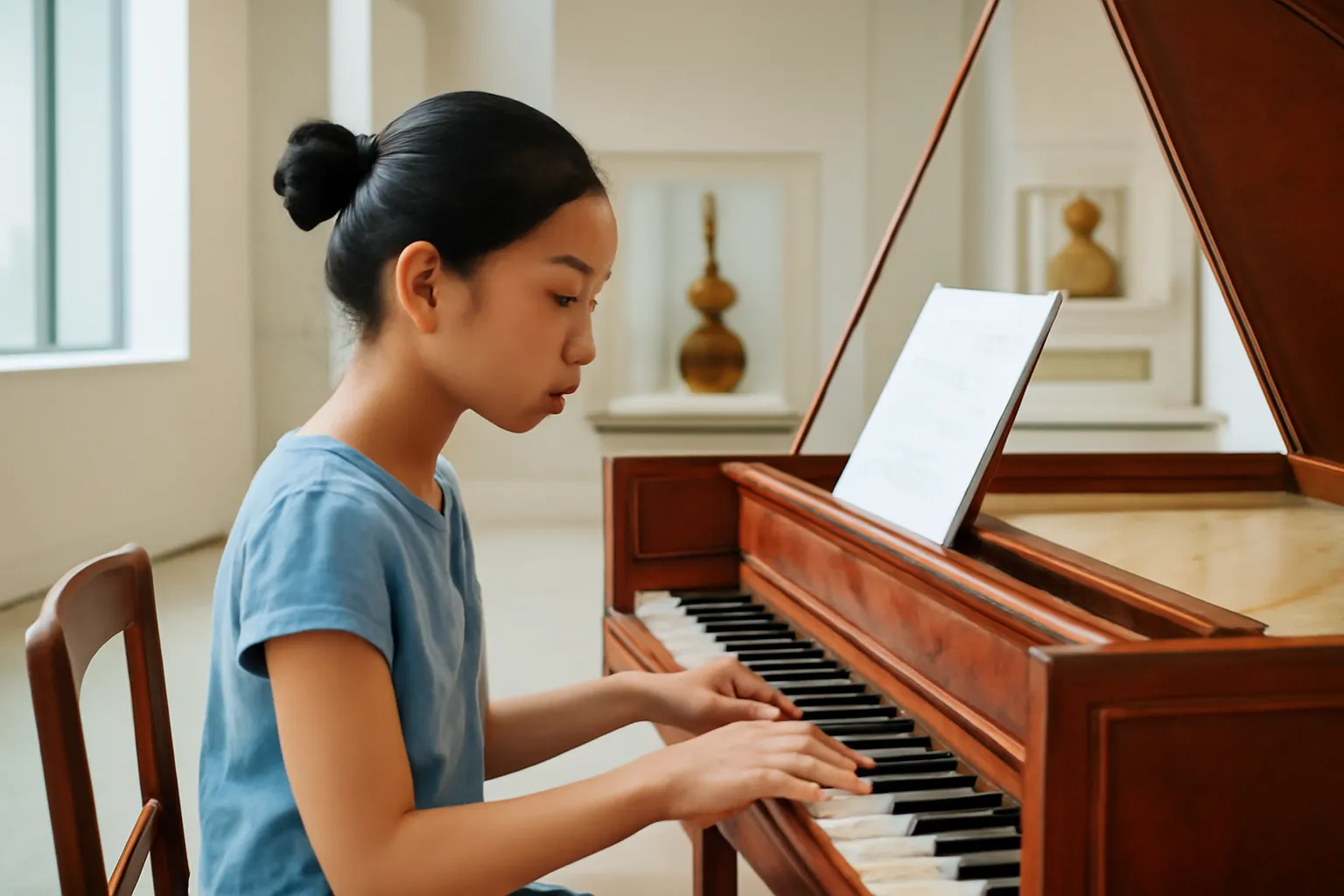 Cô bé tóc buộc tập đàn harpsichord trong bảo tàng nhạc cụ