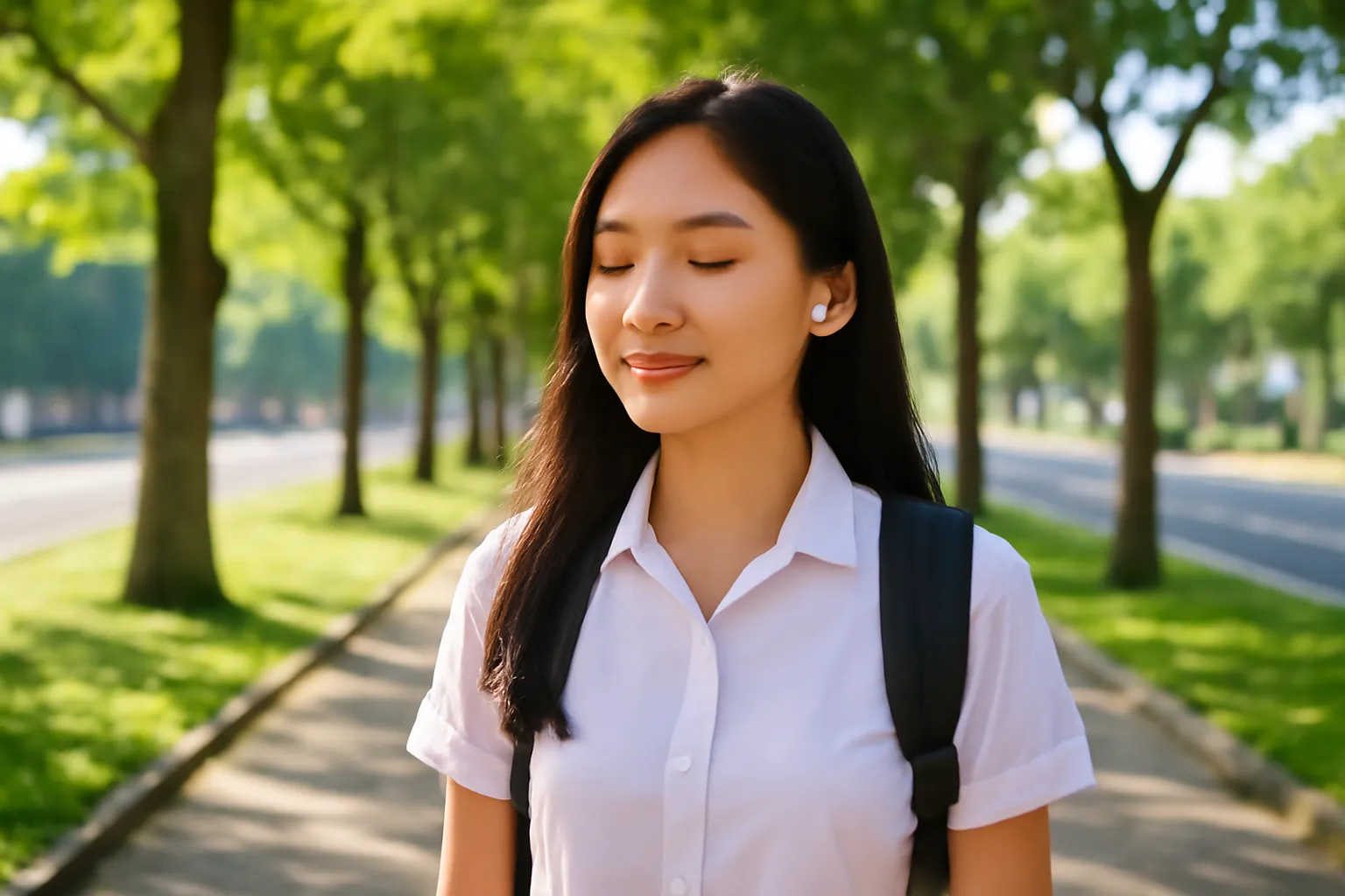 Nữ sinh đeo tai nghe nhét tai đi trên vỉa hè hàng cây buổi sáng