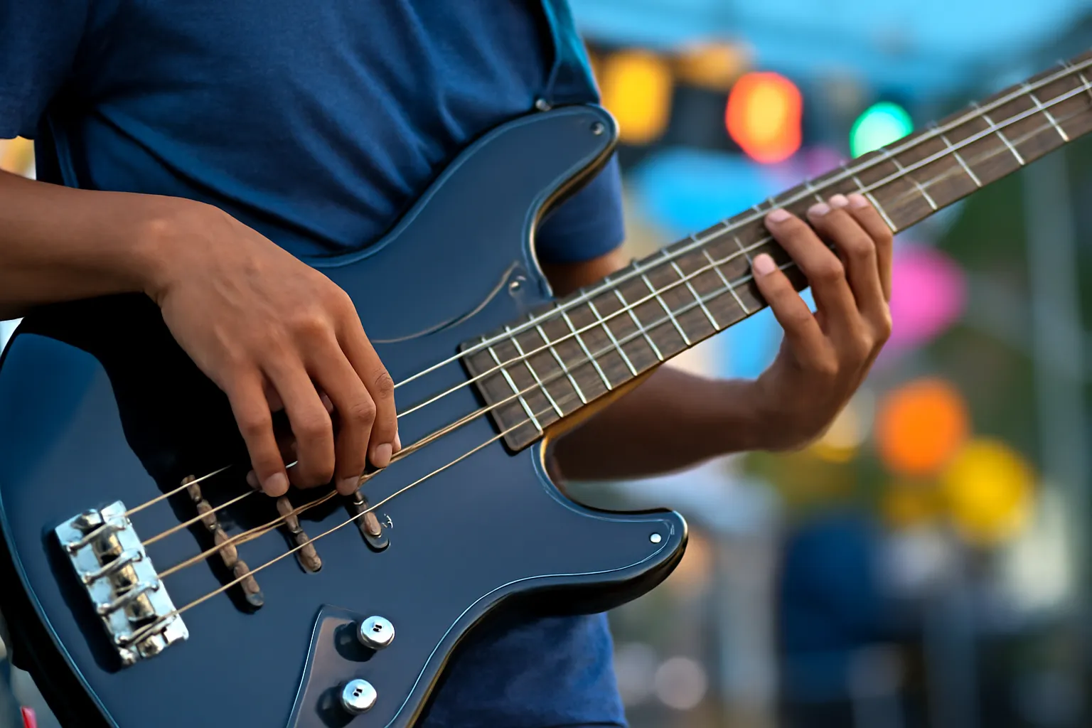 Tay bấm dây đàn bass điện bốn dây trên sân khấu ngoài trời