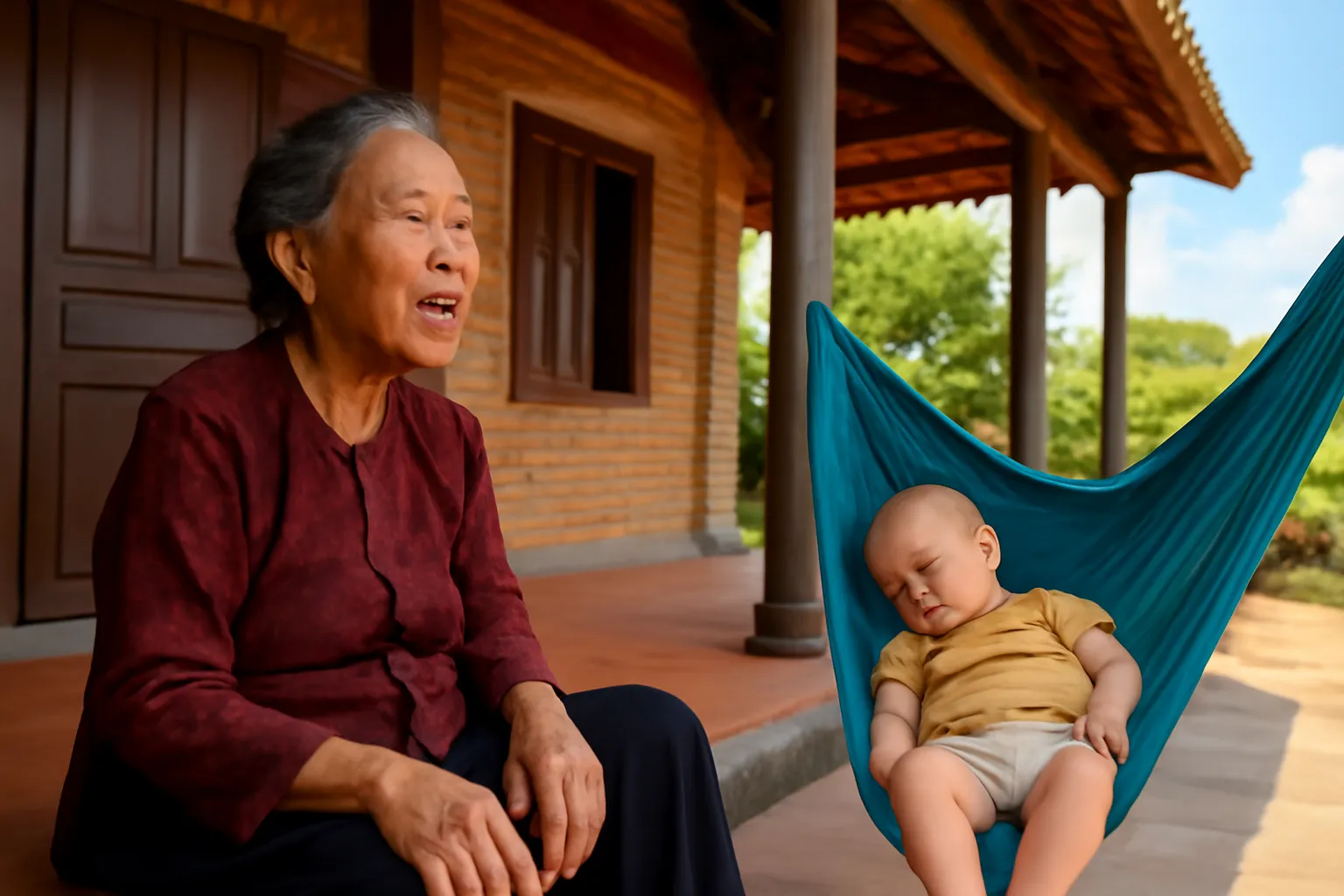 Bà cụ ngồi hiên nhà ngói hát ru, cháu nhỏ nằm võng đung đưa