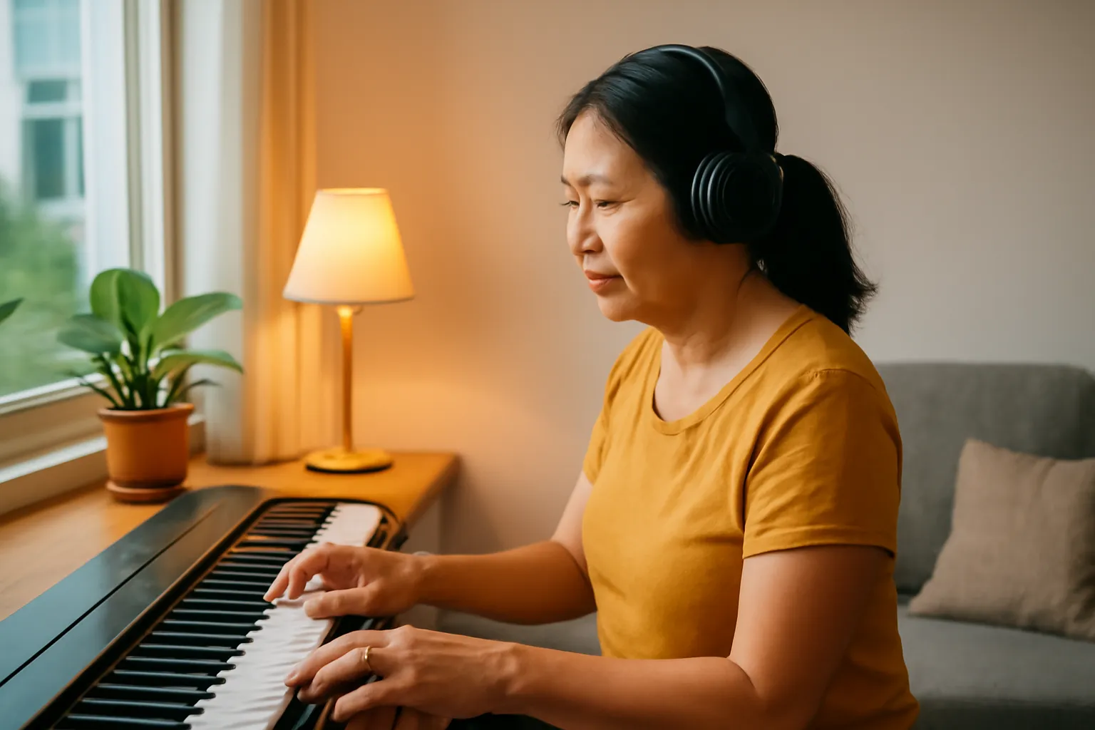 Người phụ nữ trung niên tập đàn piano điện buổi tối, đeo tai nghe