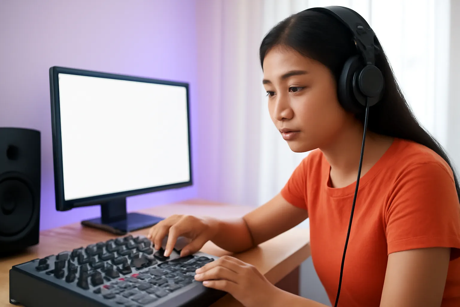 Cô gái đeo tai nghe vặn núm bàn trộn âm trong phòng thu nhỏ