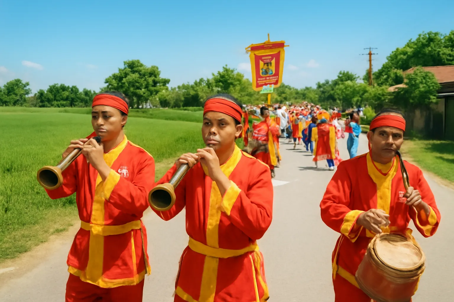 Phường nhạc thổi kèn đánh trống đi trước đám rước làng
