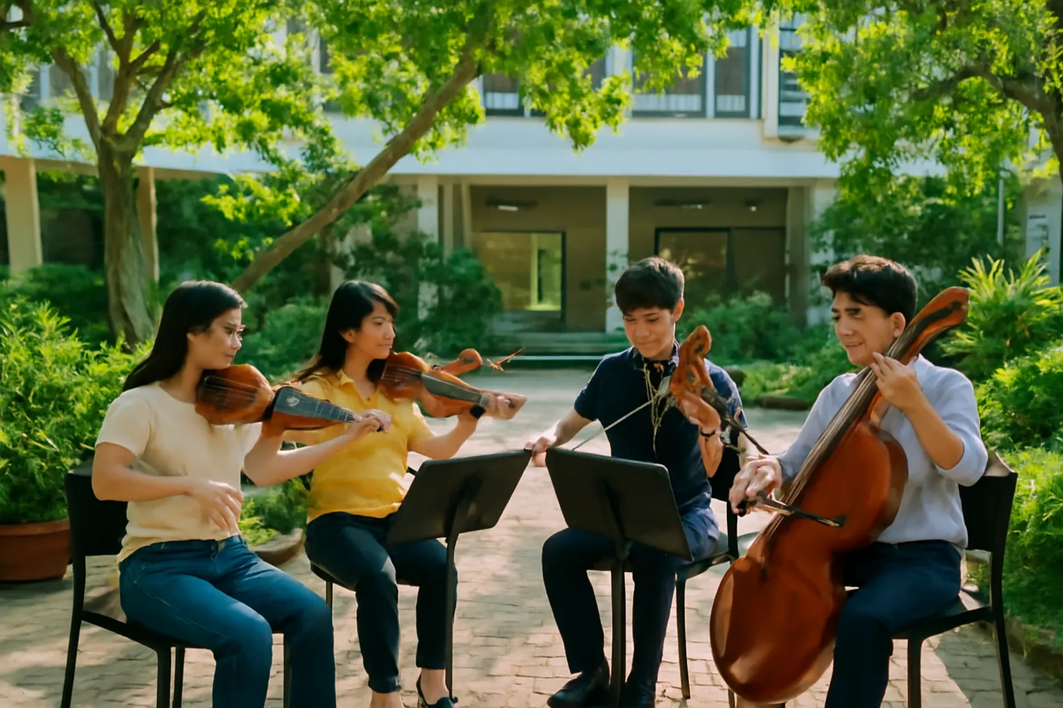 Bốn người trẻ tập tứ tấu đàn dây trong sân trường nghệ thuật buổi chiều