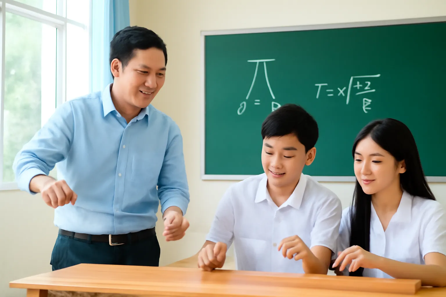Thầy giáo vật lý căng sợi dây trên tấm gỗ cho học sinh gảy