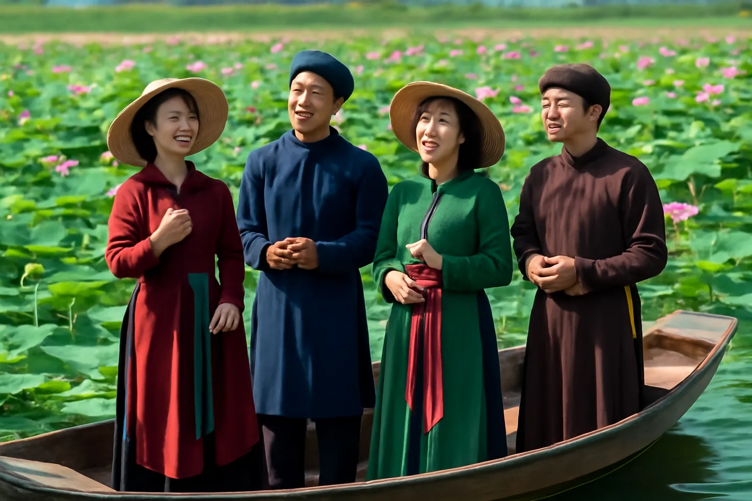 Liền anh liền chị hát trên thuyền giữa hồ sen buổi sáng