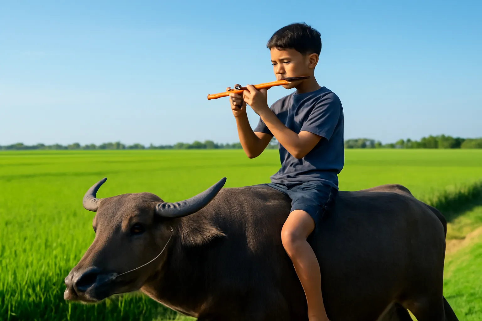 Cậu bé thổi sáo ngang ngồi trên lưng trâu giữa đồng lúa xanh