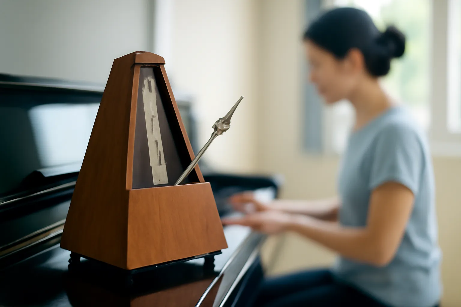 Máy đếm nhịp con lắc trên nắp đàn piano, người tập mờ phía sau