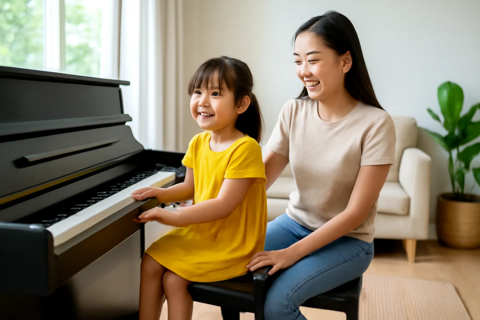 Bé gái ngồi ghế đàn piano chân chưa chạm đất, mẹ ngồi cạnh