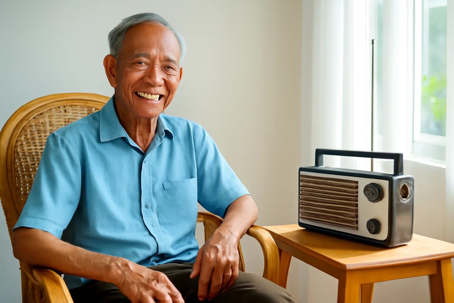 Ông cụ ngồi ghế mây mỉm cười bên chiếc radio cũ trên bàn