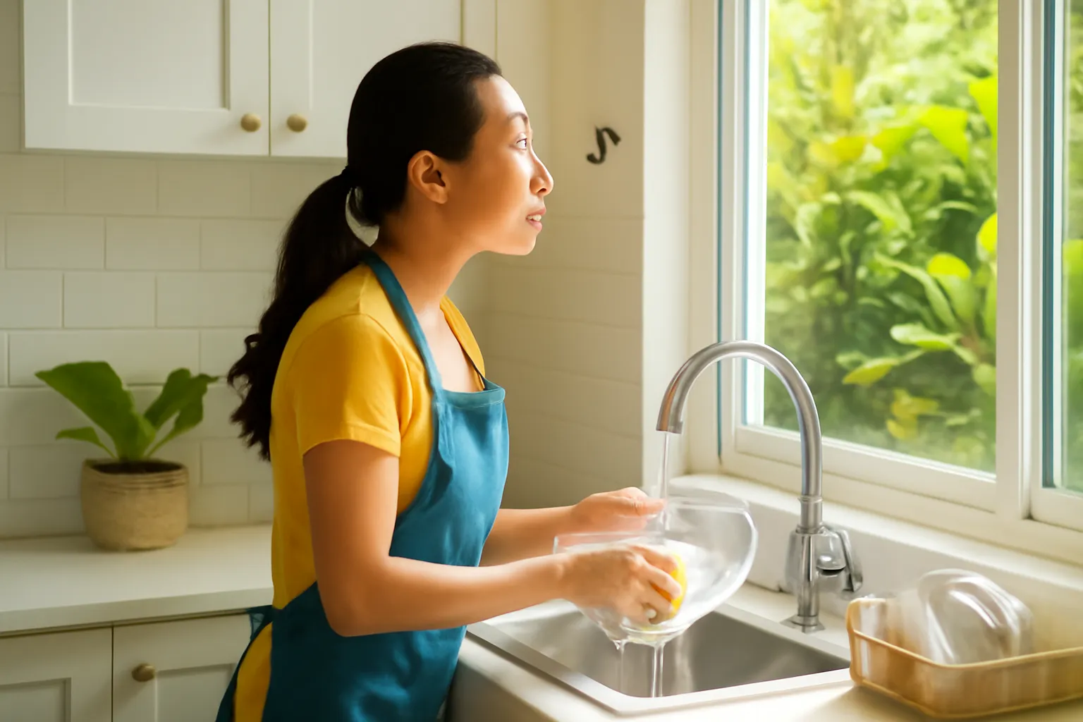 Người phụ nữ ngâm nga khi rửa bát trong bếp sáng, cửa sổ xanh cây
